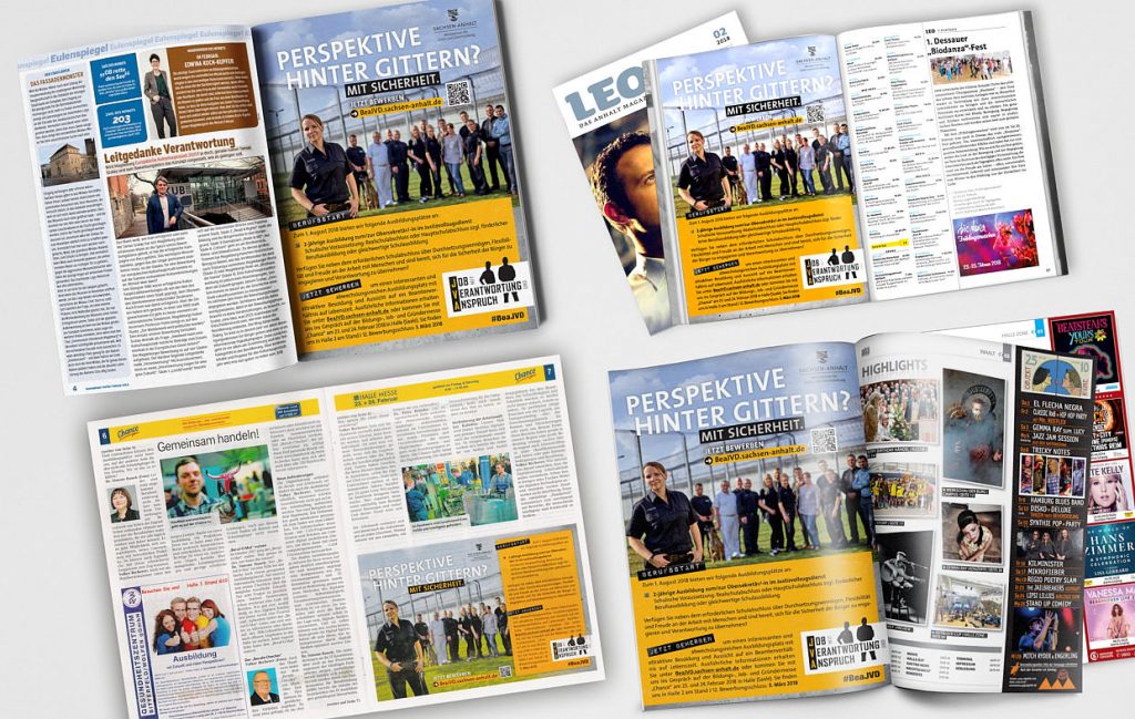 Justizvollzug Sachsen-Anhalt: Recruiting-Kampagne 7 Gestaltete Magazinseiten mit Mitarbeiterportraits und Reportagebildern – Beispiel für Unternehmenskommunikation