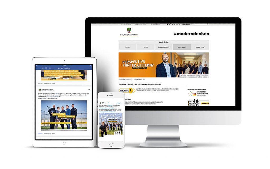 Justizvollzug Sachsen-Anhalt: Recruiting-Kampagne 6 Mockup der Karrierewebsite der Justizvollzugs-Kampagne auf Desktop, Tablet und Smartphone